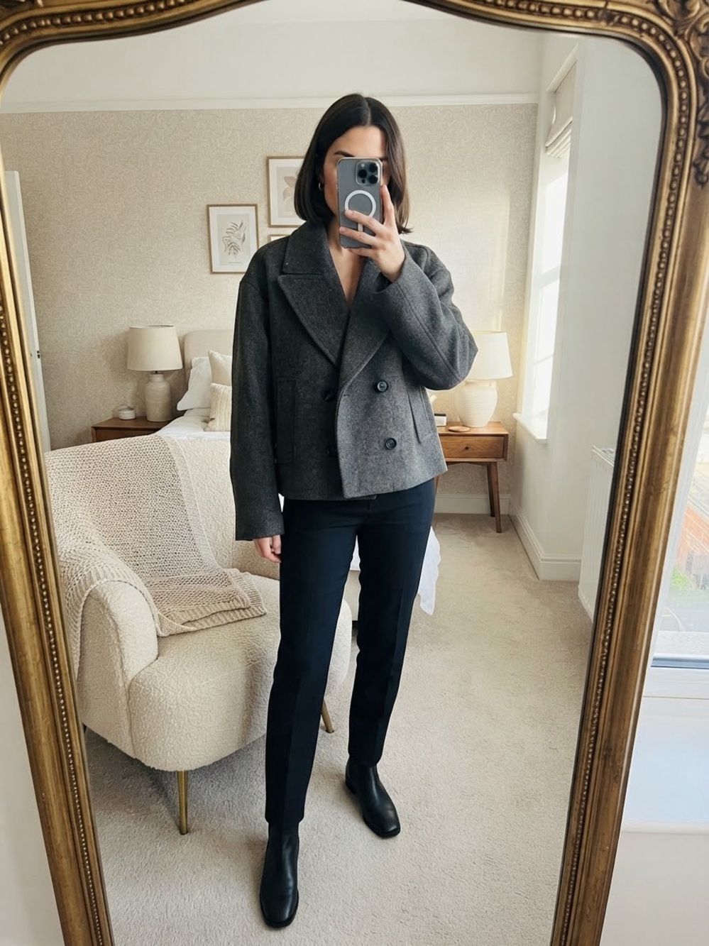 Zara Double-Breasted Short Peacoat in Gray